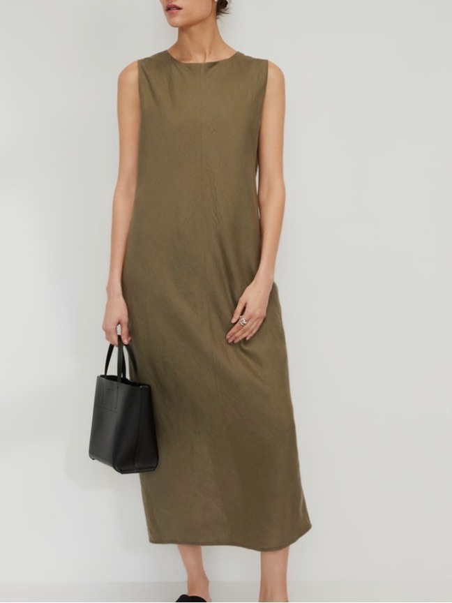 Everlane “The Linen” Bias Cut Olive Green Midi Dress, Size 10